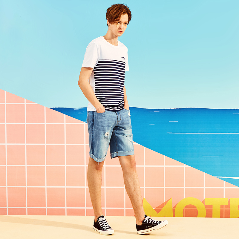 A21以纯线上品牌2018夏装新品男装低腰短牛仔裤男破洞无弹五分裤4821023002