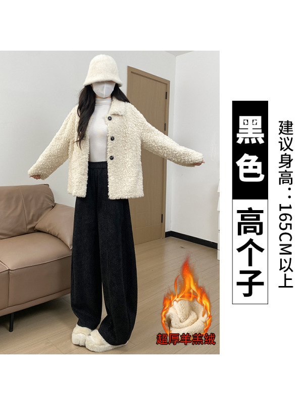 灰色毛呢裤女秋冬季加绒灯芯绒直筒小个子加厚羊羔绒阔腿裤子