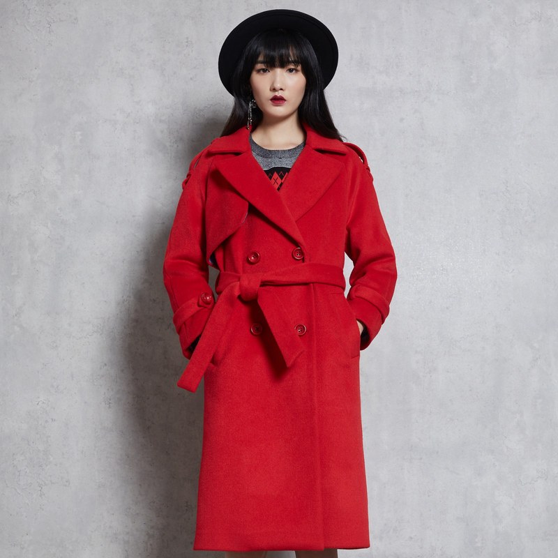 马克华菲女装毛呢外套中长款韩版2019冬大红色呢子大衣