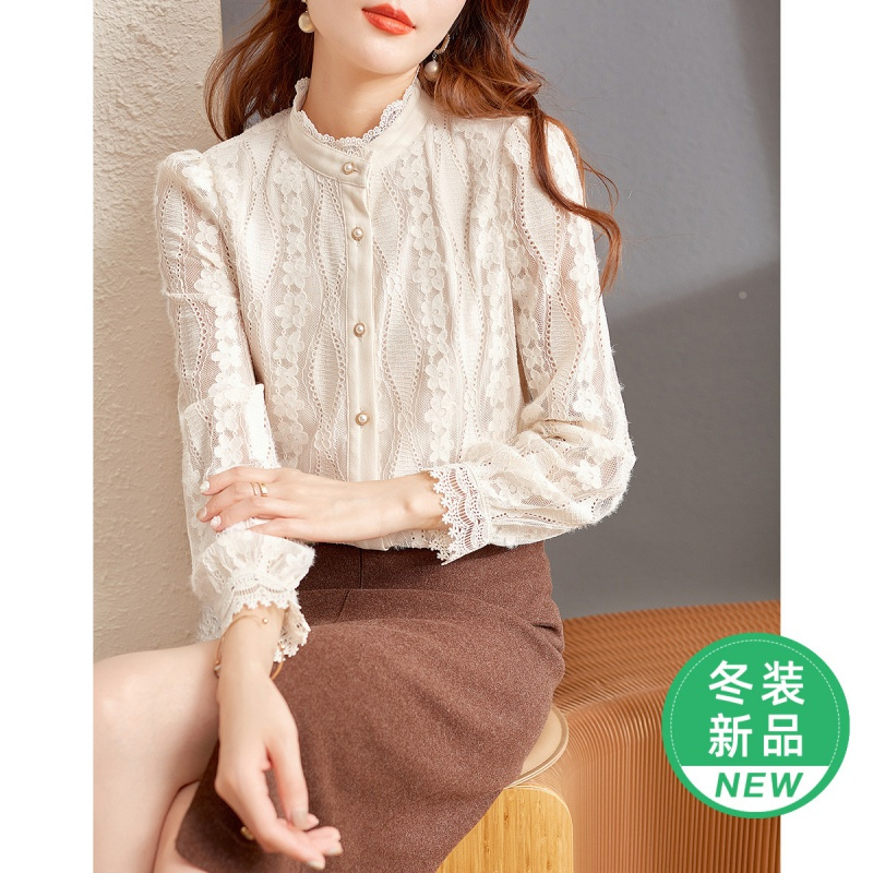 OUNIXUE欧昵雪 | [花边拼接加绒蕾丝衫]秋冬季淑女立领直筒上衣时尚衬衫女