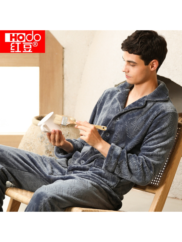 红豆居家男士睡衣法兰绒休闲舒适男士家居服两件套