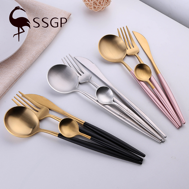 SSGP叁肆鋼 欧式拉丝牛排刀叉套装304不锈钢西餐餐具家用刀叉勺两三件套
