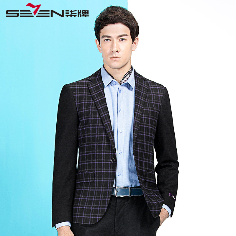 柒牌SEVEN男装西服外套男装秋冬男士时尚商务休闲单西格子修身版西装外套