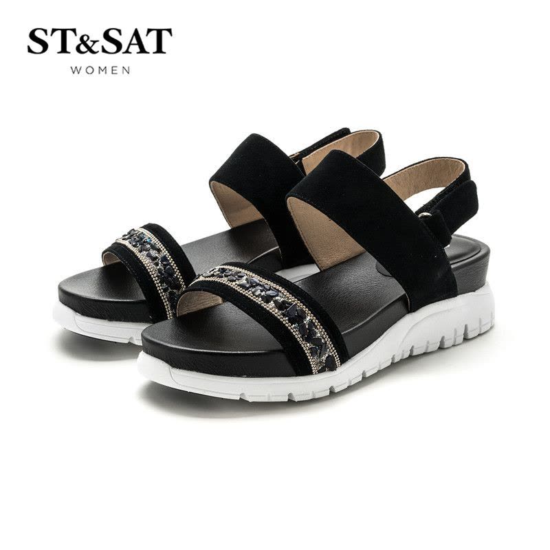 St&Sat/星期六羊反绒水钻一字带舒适女凉鞋SS72115599图片