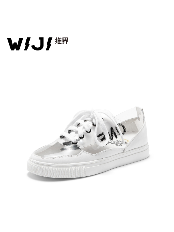 WIJI新款春夏涂鸦气质小白鞋新潮款后跟透明休闲运动女鞋系带平底