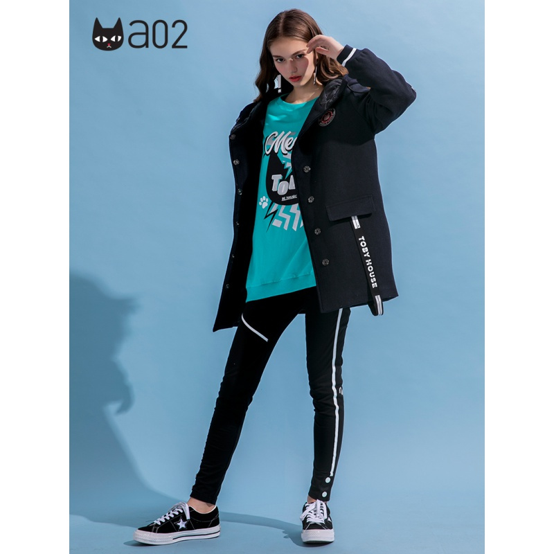 a02新款潮流刺绣印花字母飘带中长款毛呢外套女DTU5B0351CT