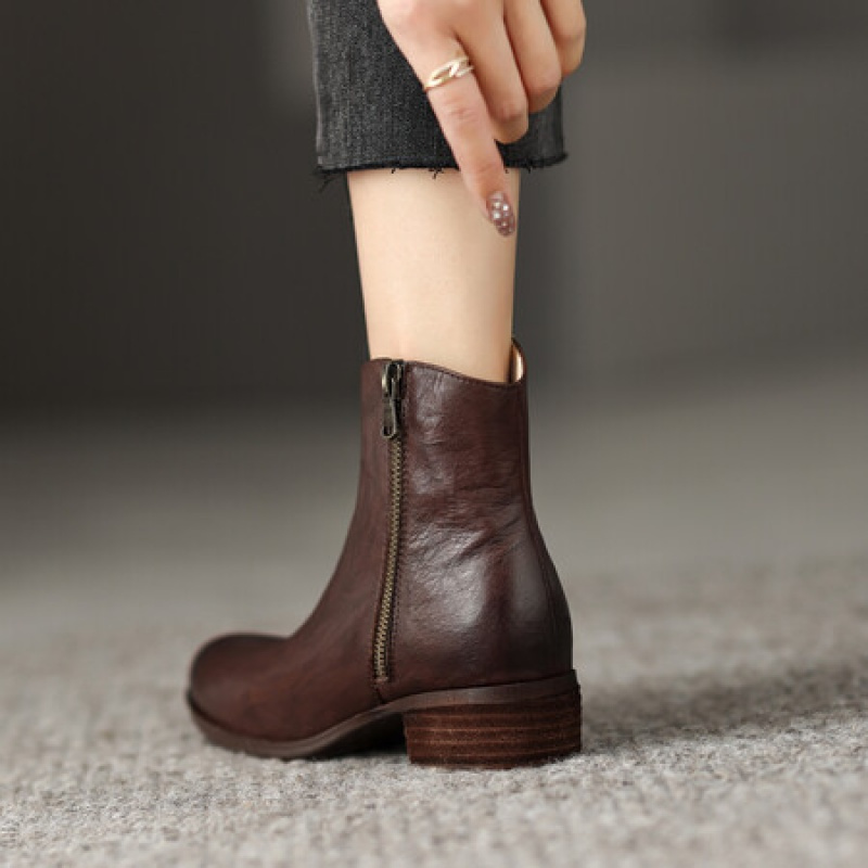格瑞迪欧 牛皮高跟短靴女粗跟小圆头侧拉链百搭通勤踝靴舒适秋季单靴