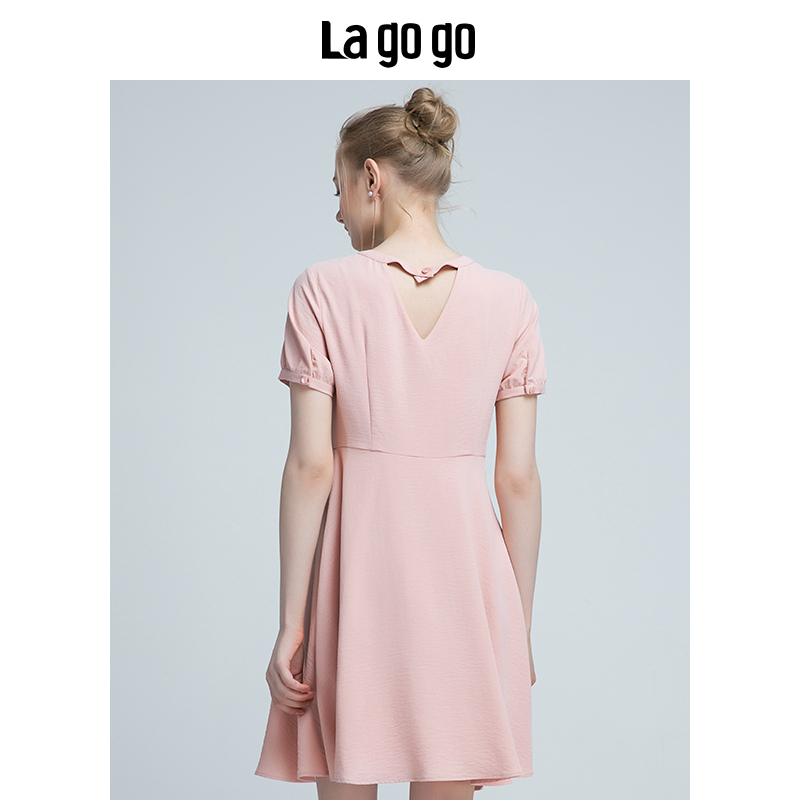 !Lagogo2018年夏新款女装粉色圆领花边连衣裙雪纺短袖高腰短裙