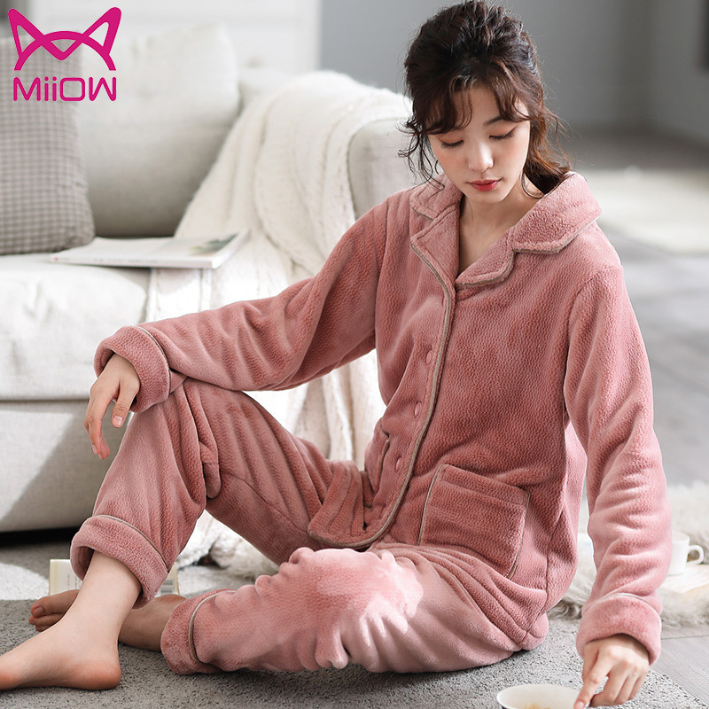 猫人秋冬珊瑚绒睡衣女长袖加厚保暖韩版宽松法兰绒家居服套装春
