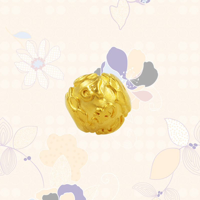 黄金码头 3D硬金足金999黄金转运珠六字真言 DIY饰品配件送红挂绳