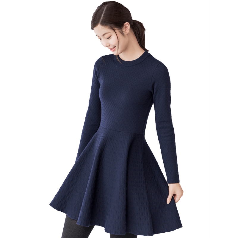 茵曼女装冬装新款简约净色长袖连衣裙高腰a字裙短裙