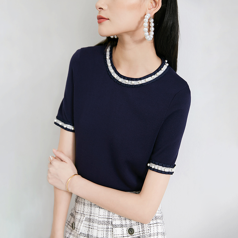 晚白2020秋冬新品名媛淑女圆领短袖休闲纯色内搭打底衫针织衫女