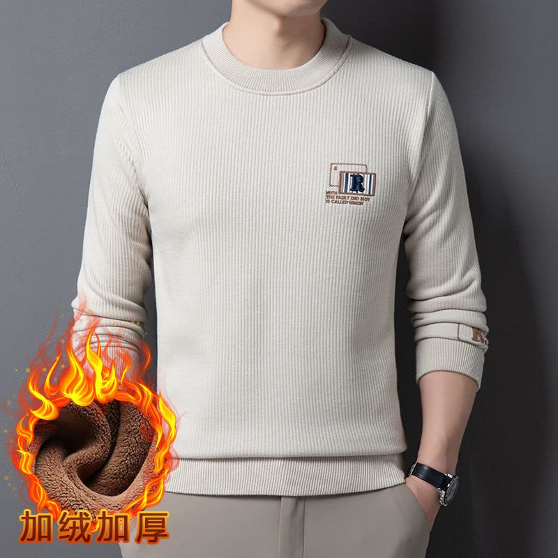 加绒毛衣男士圆领套头休闲刺绣加厚保暖打底男士针织衫图片