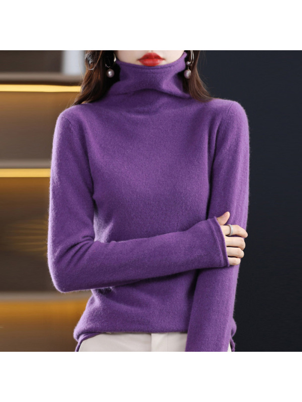 100全羊毛衫女秋冬堆堆领长袖套头毛衣修身内搭非羊绒针织衫毛衣