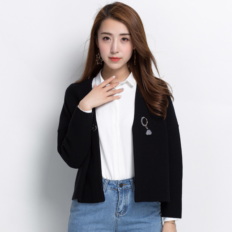 恒源祥纯羊毛开衫女秋冬新款一粒扣羊毛衫纯色V领宽松毛衣外套女