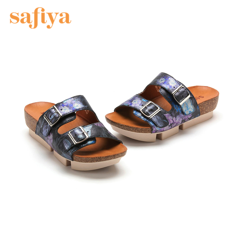索菲娅Safiya春印花羊皮革露趾低跟一字型休闲单鞋女SF52116003_HGA51