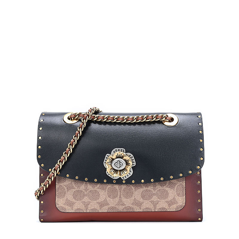 coach蔻驰奢侈品女士专柜款山茶花parker系列黑色拼色人造革配皮单肩