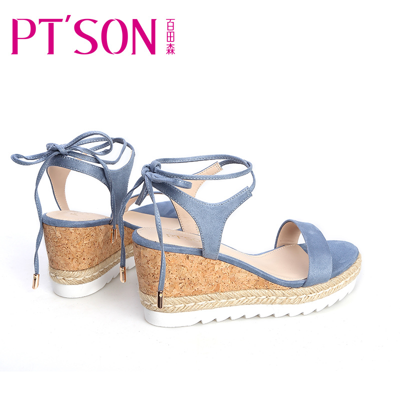 PTSON/百田森2018新款凉鞋女夏波西米亚坡跟绑带沙滩度假高跟鞋