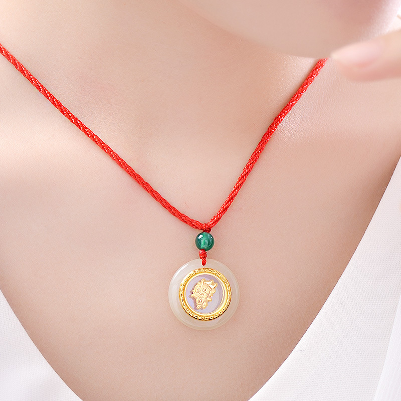 蒂蔻十二生肖龙足金和田玉镶嵌黄金吊坠项链男女款平安扣大人小孩亲子