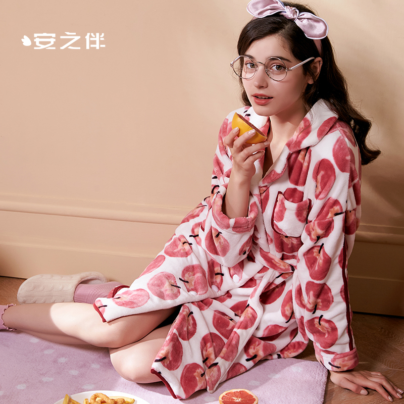 安之伴特卖睡袍女冬珊瑚绒保暖加厚宽松大码长袖睡浴衣日式系带家居服