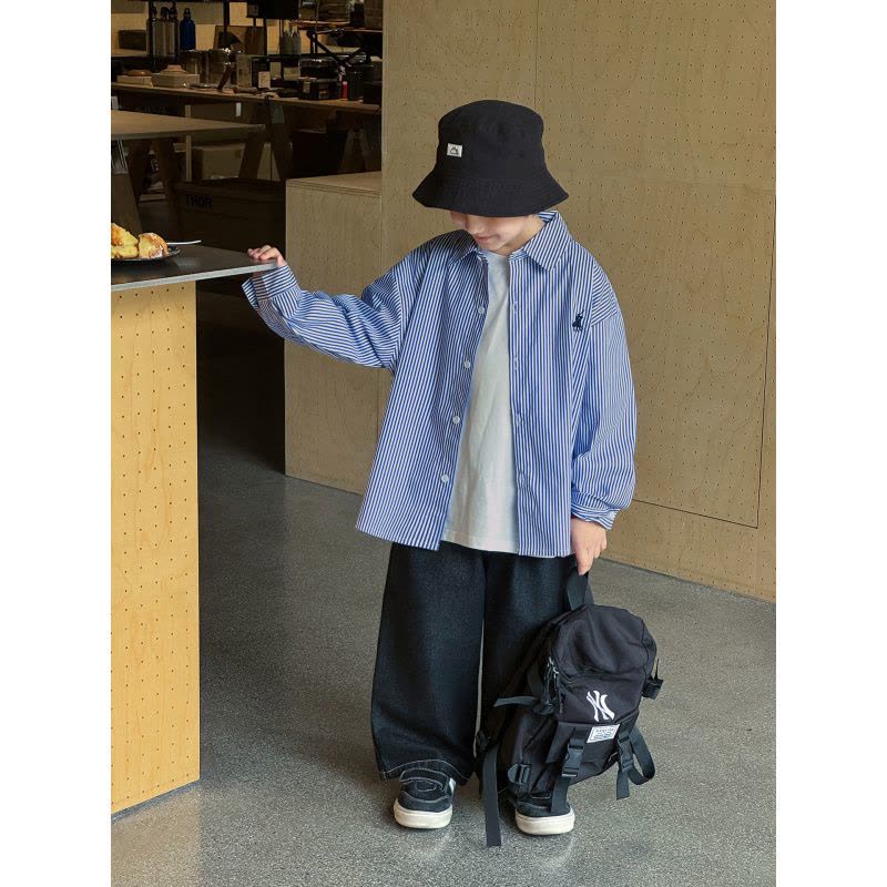 童酷男童秋款织里童装韩版刺绣宝宝衬衣时尚条纹翻领儿童衬衫图片