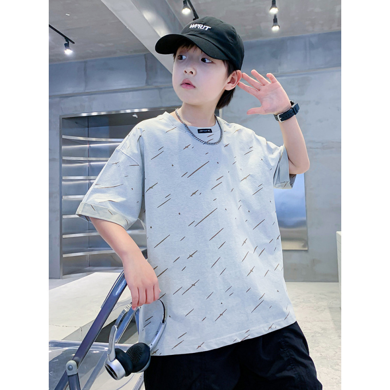 男童短袖T恤2025新款夏季洋气时髦炸街中大童男孩夏装宽松半袖潮T