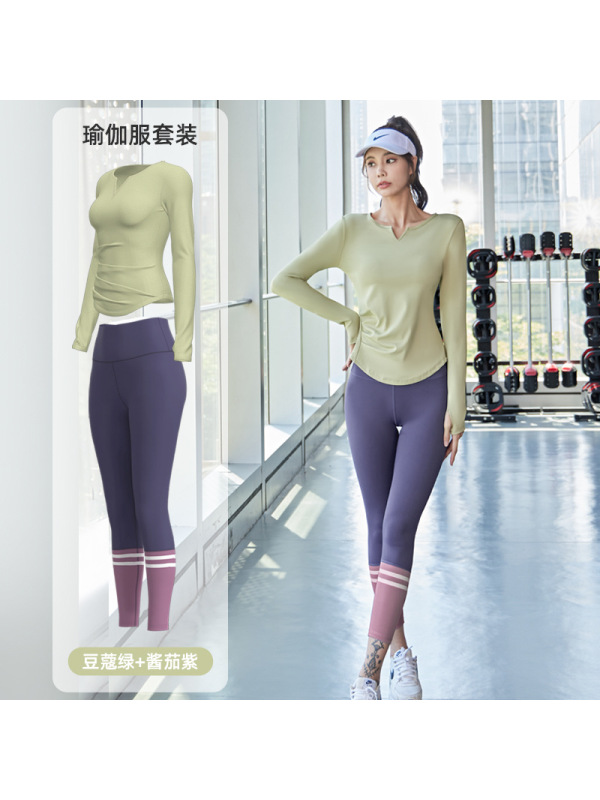 V领裸感瑜伽服无缝弹力高腰提臀健身套装跑步运动骑行服