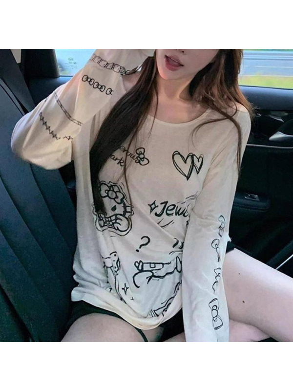 趣味kt猫印花慵懒卡通薄款长袖T恤女装夏季新款宽松防晒罩衫上衣