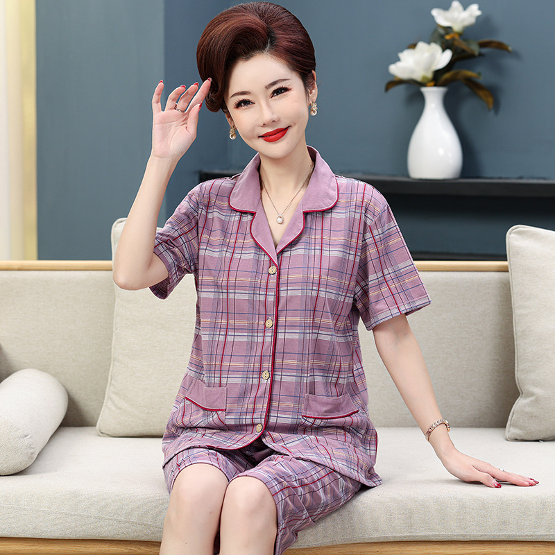 睡衣女夏季宽松棉质短袖七分裤套装中年妈妈休闲家居服大码可外穿