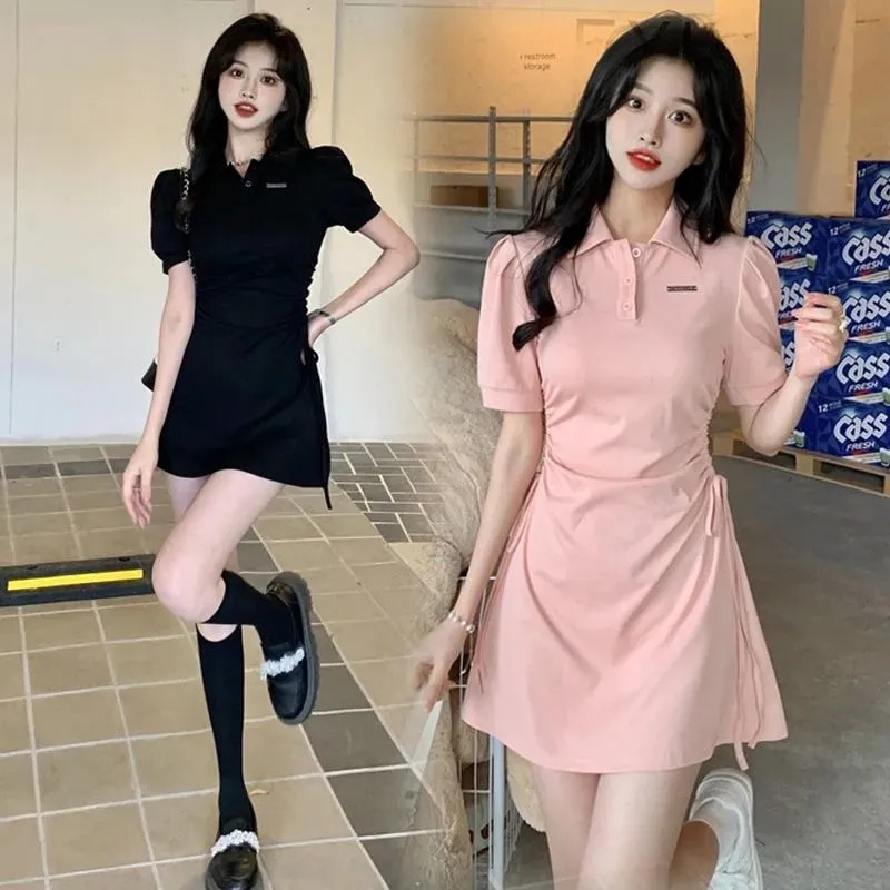 polo领连衣裙女夏季新款抽绳收腰修身显瘦甜辣纯色风短袖裙子