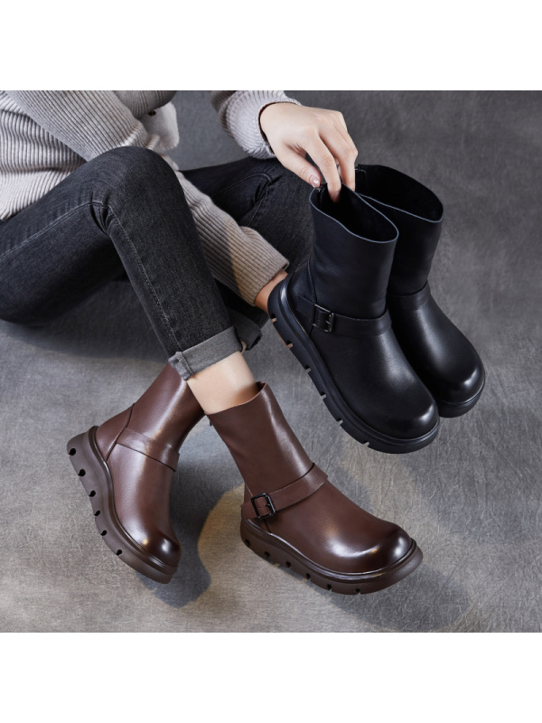 真皮厚底短靴女新款秋冬复古中筒马丁靴牛皮单靴后拉链倒靴子