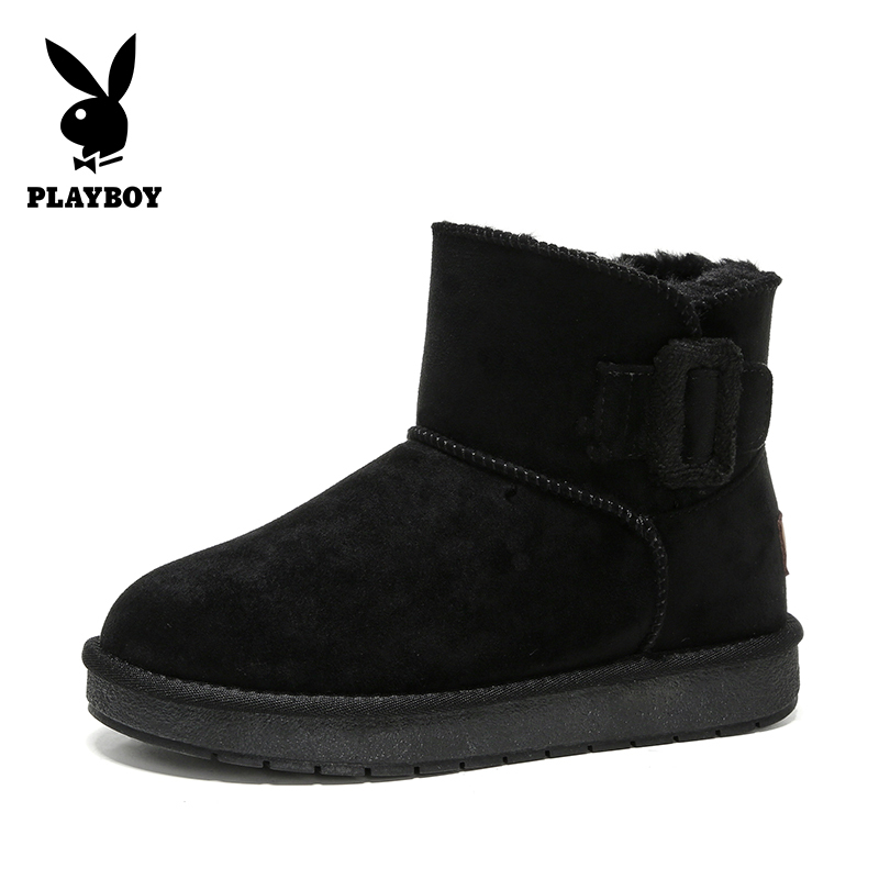 PLAYBOY/花花公子女鞋秋冬季新款甜美塔扣纯色学生棉鞋平底保暖加绒短筒雪地靴女J12699249