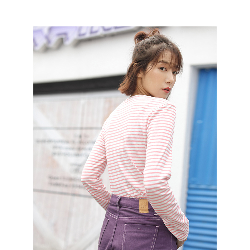茵曼2019春装新款圆领韩版潮流条纹百搭休闲复古显瘦长袖T恤女
