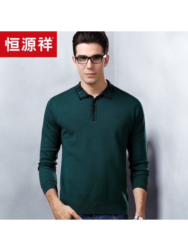 恒源祥中年男士长袖羊毛衫2018秋冬纯羊毛衣格子纽扣翻领针织衫