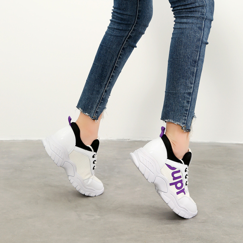 jindun超纤运动跑步女鞋厚底耐磨低帮系带拼色女士休闲鞋老爹鞋女鞋