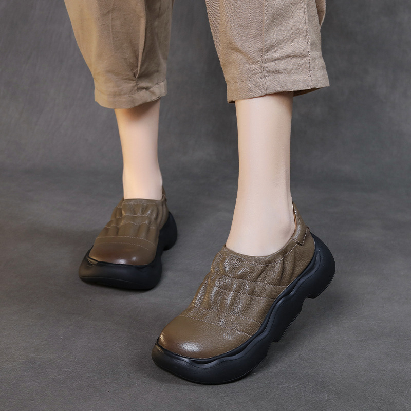 头层牛皮手工软皮单鞋秋季新款套脚厚底轻便复古平底真皮女鞋