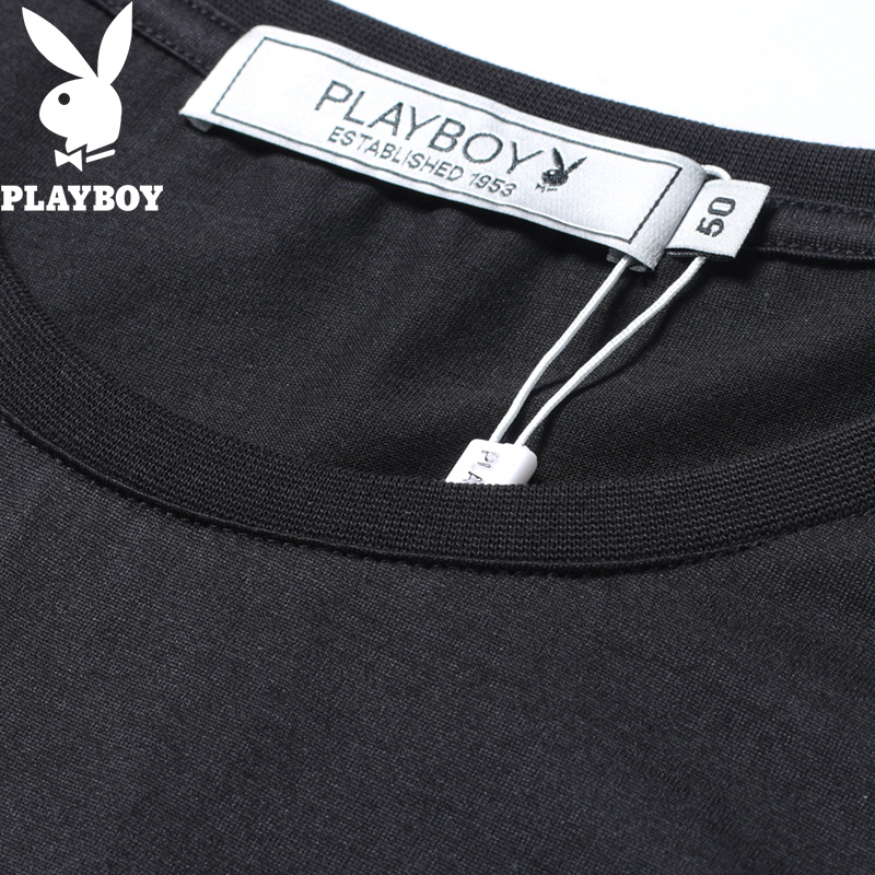 花花公子(PLAYBOY)短袖T恤男夏季新款个性印花时尚黑色青年圆领衣服男士 潮
