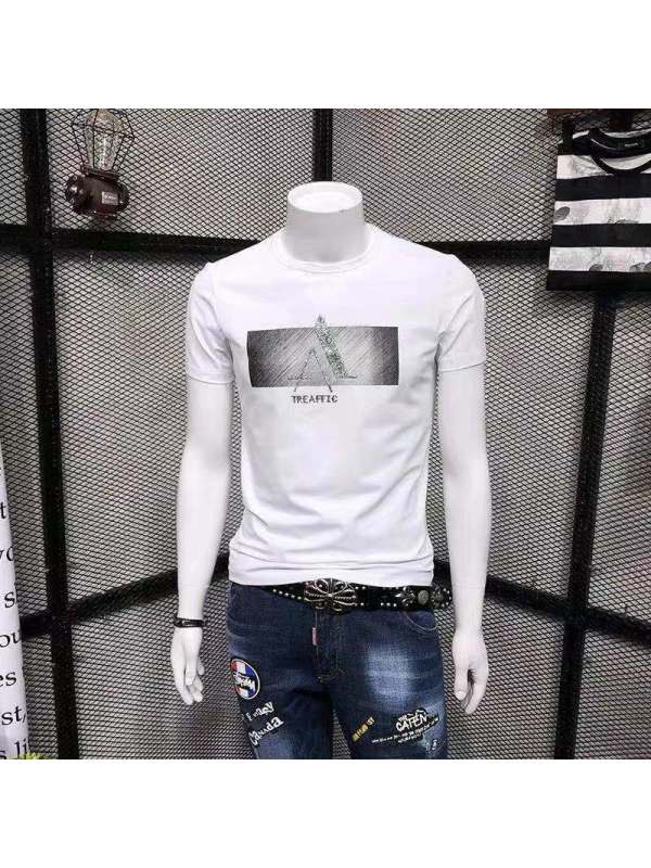 Ceen Bulled42链接夏季短袖T恤男潮流圆领时尚印花修身半截韩版打底T