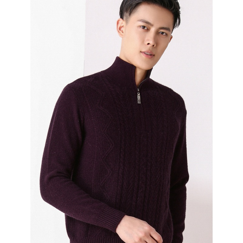 恒源祥羊绒衫男2019秋冬新款拉链半高领毛衣纯色提花粗毛线针织衫