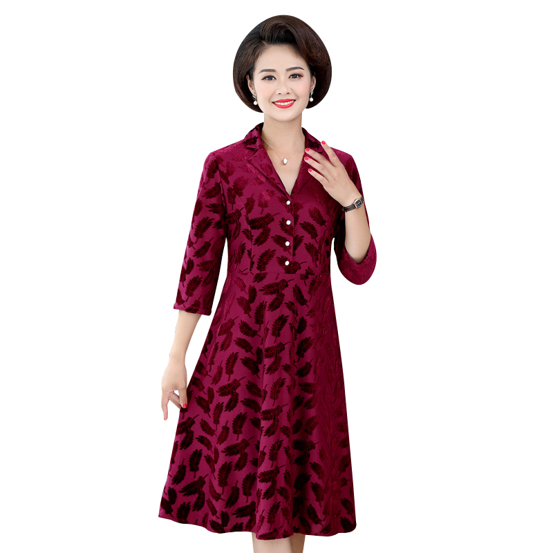 蓝旗blueg春夏新款时尚洋气妈妈装过膝中老年大码长袖连衣裙