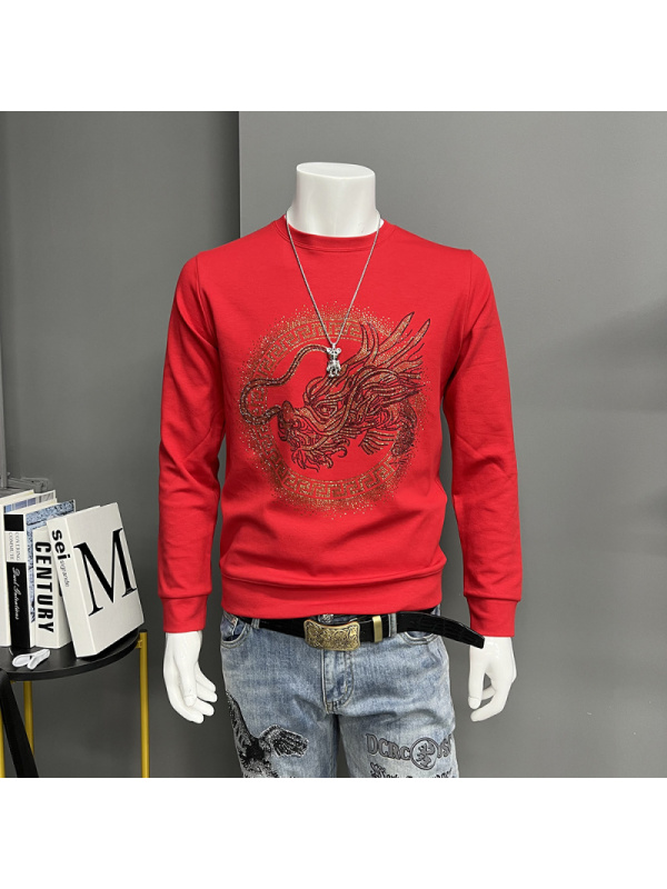 本命年红色长袖卫衣男龙年冬季时尚烫钻青年网红T恤打底衫潮