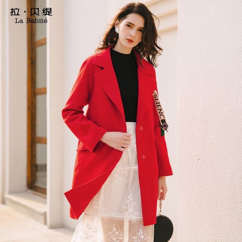 拉贝缇羊毛大衣冬季新款女呢子大衣女韩版学生中长款修身60007028