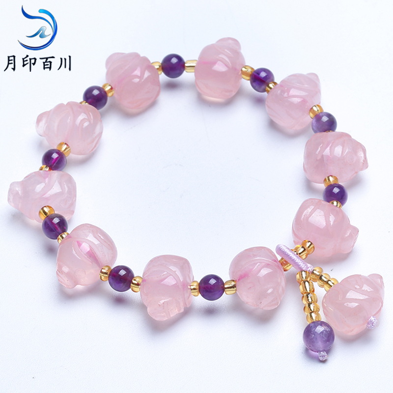 月印百川 粉水晶手链粉晶福猪手链 单圈时尚饰品芙蓉石女款手串