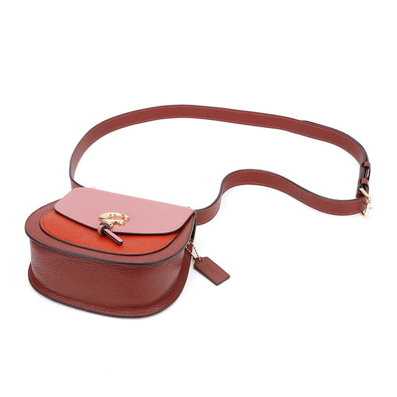 蔻驰 COACH 奢侈品 女士时尚玫紫拼枣红色人造革单肩斜挎马鞍包 1330 IMROL