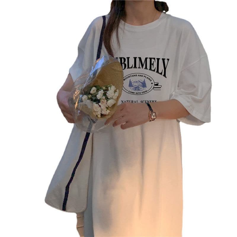 6535棉夏季新款韩版宽松字母印花学生开叉短袖中长款连衣裙女INS图片