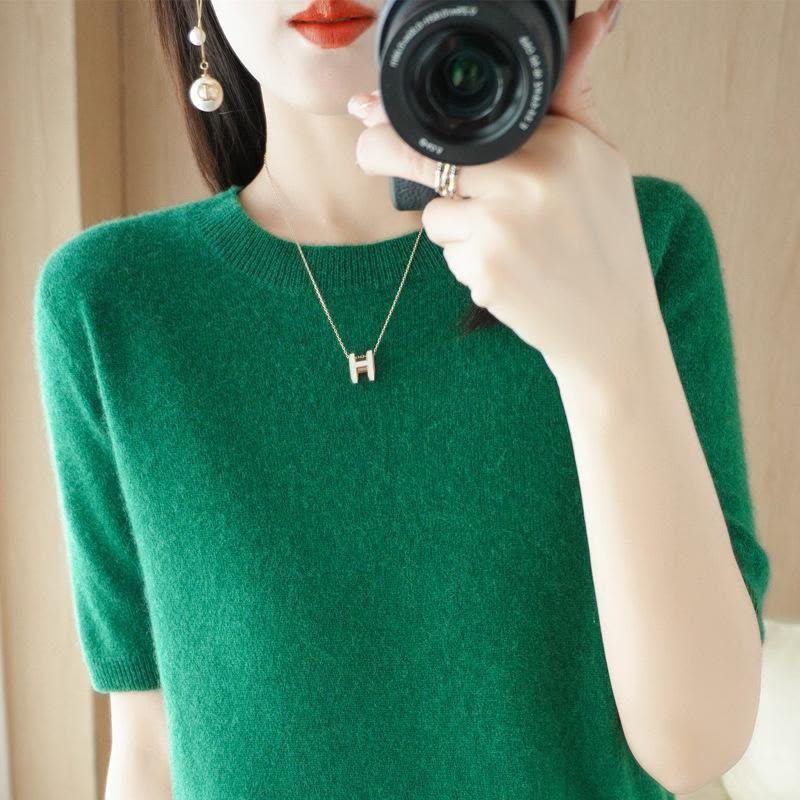 新款针织衫短袖T恤女圆领半袖宽松毛衣外穿内搭修身套头打底上衣图片