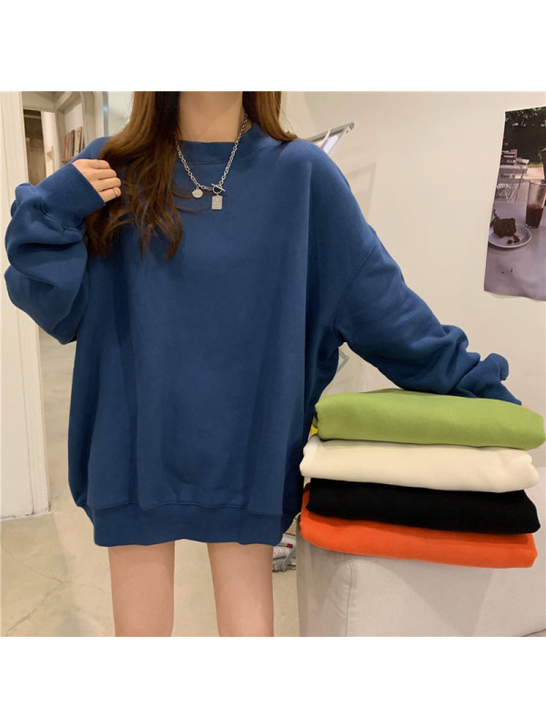 纯色加绒卫衣女秋冬韩版宽松休闲上衣T恤女学生情侣装外套打底衫