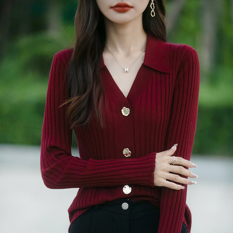 时尚翻领长袖针织开衫女士春秋新款气质显瘦毛衣洋气内搭打底上衣