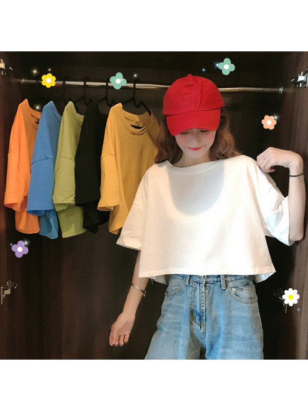 夏季短袖T恤女韩版学生慵懒风bf宽松纯色个性港味短款露脐上衣女
