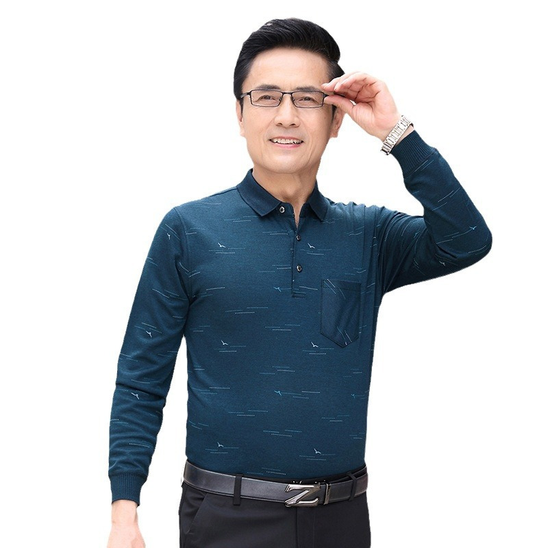 秋季男士长袖T恤薄款中年男士翻领商务休闲长袖polo衫T恤